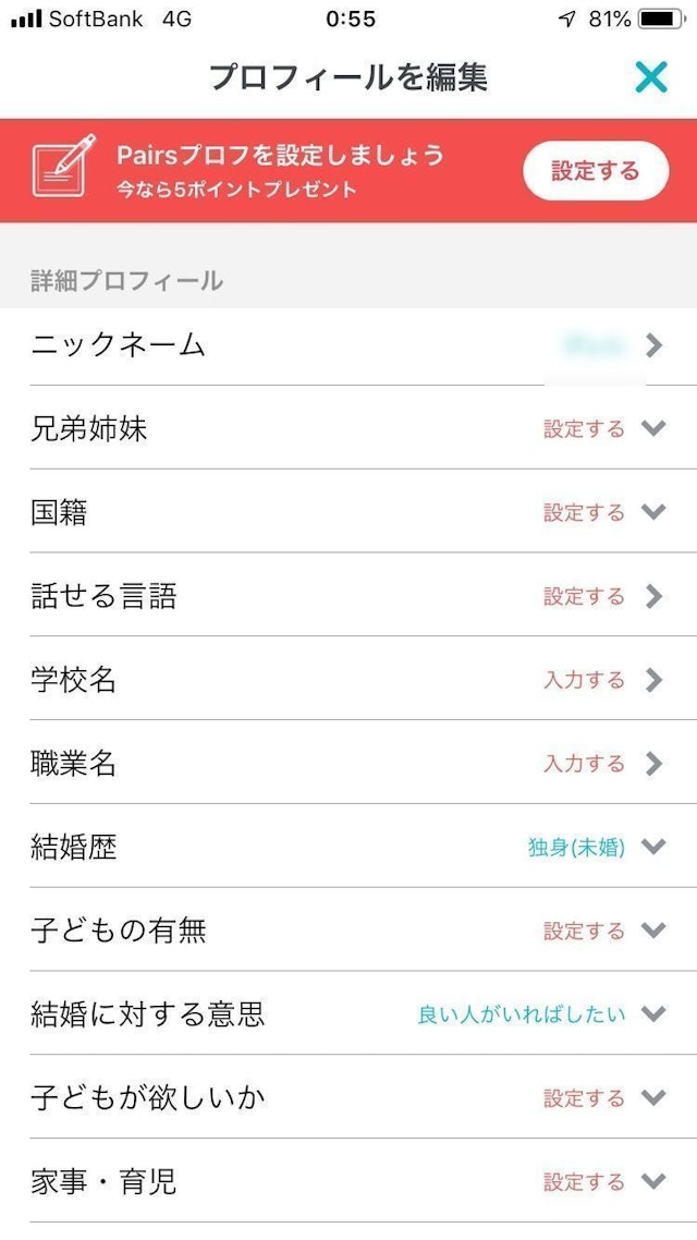 Pairs(ペアーズ) どんな項目があるの?